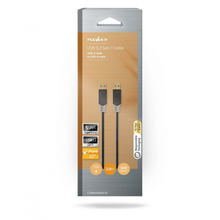 Nedis USB-kabel | USB 3.2 Gen 1 | USB-A Han | USB-A Han | 5 Gbps | Gull belagt | 2.00 m | Rund | PVC | Antrasitt | Boks Nedis USB-kabel | USB 3.2 Gen 1 | USB-A Han | USB-A Han | 5 Gbps | Gull belagt | 2.00 m | Rund | PVC | Antrasitt | Boks