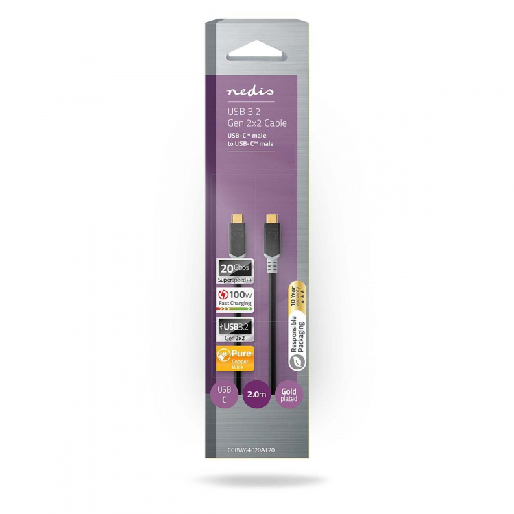 Nedis USB-kabel | USB 3.2 Gen 2x2 | USB-C™ Hann | USB-C™ Hann | 100 W | 4K@60Hz | 20 Gbps | Gull belagt | 2.00 m | Rund | PVC | Sølv | Boks Nedis USB-kabel | USB 3.2 Gen 2x2 | USB-C™ Hann | USB-C™ Hann | 100 W | 4K@60Hz | 20 Gbps | Gull belagt | 2.00 m | Rund | PVC | Sølv | Boks
