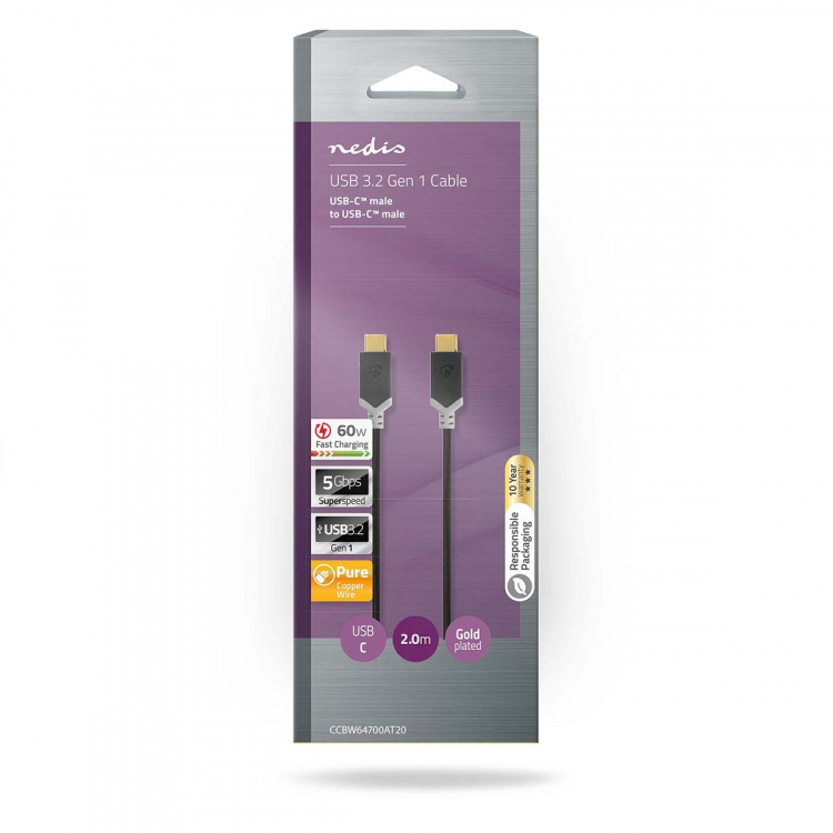 Nedis USB-kabel | USB 3.2 Gen 1 | USB-C™ Hann | USB-C™ Hann | 60 W | 4K@60Hz | 5 Gbps | Gull belagt | 2.00 m | Rund | PVC | Sort | Boks