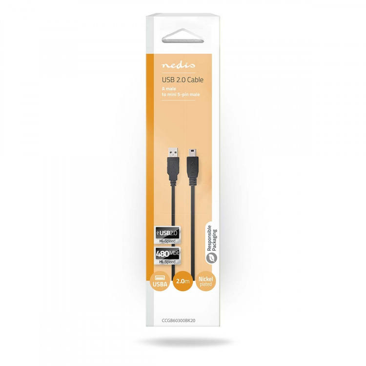 Nedis USB-kabel | USB 2.0 | USB-A Han | USB Mini-B 5 pins Han | 480 Mbps | Nikkel belagt | 2.00 m | Rund | PVC | Sort | Boks