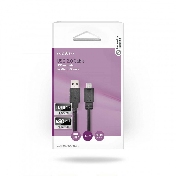 Nedis USB-kabel | USB 2.0 | USB-A Han | USB Micro-B Han | 480 Mbps | Nikkel belagt | 3.00 m | Rund | PVC | Sort | Boks Nedis USB-kabel | USB 2.0 | USB-A Han | USB Micro-B Han | 480 Mbps | Nikkel belagt | 3.00 m | Rund | PVC | Sort | Boks