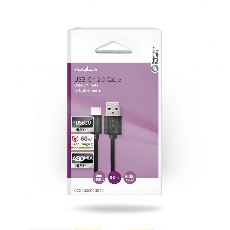 Nedis USB-kabel | USB 2.0 | USB-C™ Hann | USB-A Han | 15 W | 480 Mbps | Nikkel belagt | 3.00 m | Rund | PVC | Sort | Boks Nedis USB-kabel | USB 2.0 | USB-C™ Hann | USB-A Han | 15 W | 480 Mbps | Nikkel belagt | 3.00 m | Rund | PVC | Sort | Boks