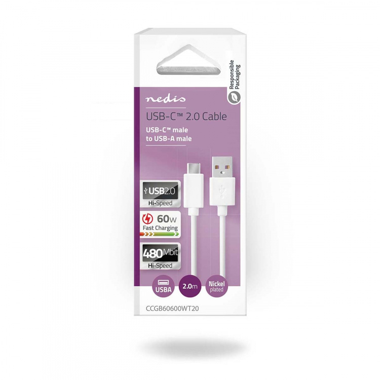 Nedis USB-kabel | USB 2.0 | USB-A Han | USB-C™ Hann | 60 W | 480 Mbps | Nikkel belagt | 2.00 m | Rund | PVC | Hvit | Boks Nedis USB-kabel | USB 2.0 | USB-A Han | USB-C™ Hann | 60 W | 480 Mbps | Nikkel belagt | 2.00 m | Rund | PVC | Hvit | Boks