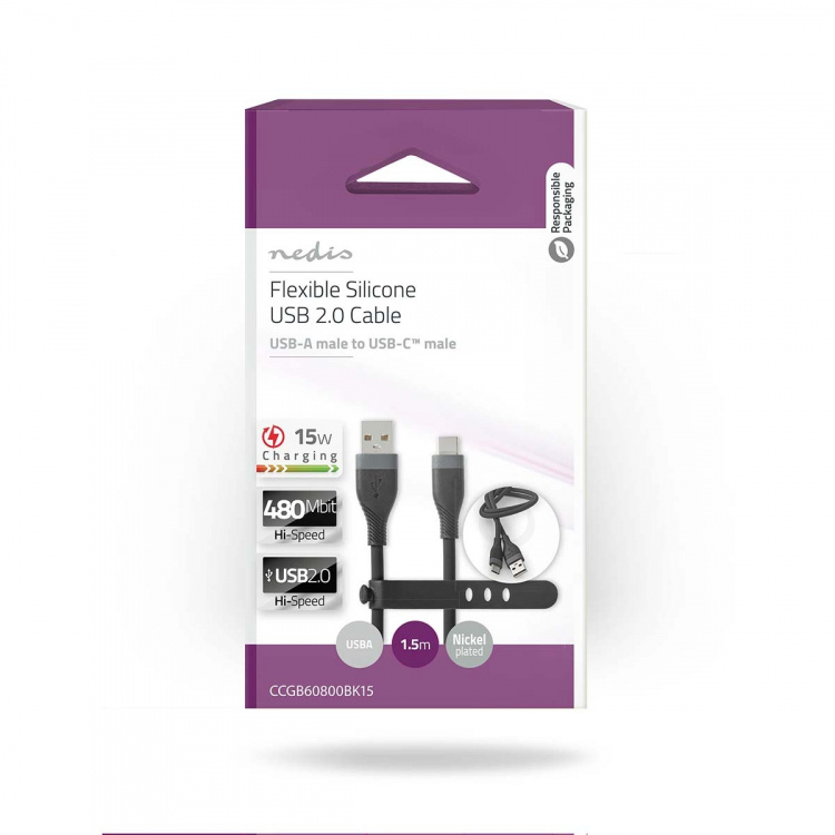 Nedis USB-kabel | USB 2.0 | USB-A Han | USB-C™ Hann | 15 W | 480 Mbps | Nikkel belagt | 1.50 m | Rund | Silikon | Sort | Boks