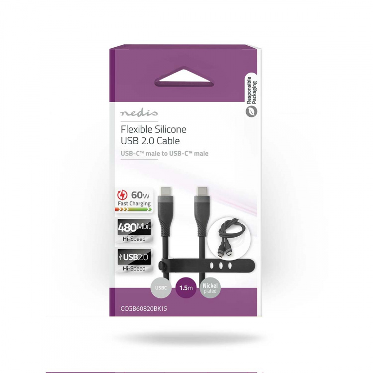 Nedis USB-kabel | USB 2.0 | USB-C™ Hann | USB-C™ Hann | 60 W | 480 Mbps | Nikkel belagt | 1.50 m | Rund | Silikon | Sort | Boks