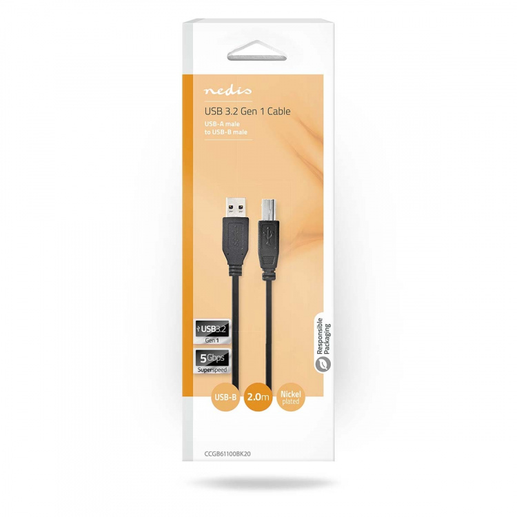 Nedis USB-kabel | USB 3.2 Gen 1 | USB-A Han | USB-B Han | 5 Gbps | Nikkel belagt | 2.00 m | Rund | PVC | Sort | Boks Nedis USB-kabel | USB 3.2 Gen 1 | USB-A Han | USB-B Han | 5 Gbps | Nikkel belagt | 2.00 m | Rund | PVC | Sort | Boks
