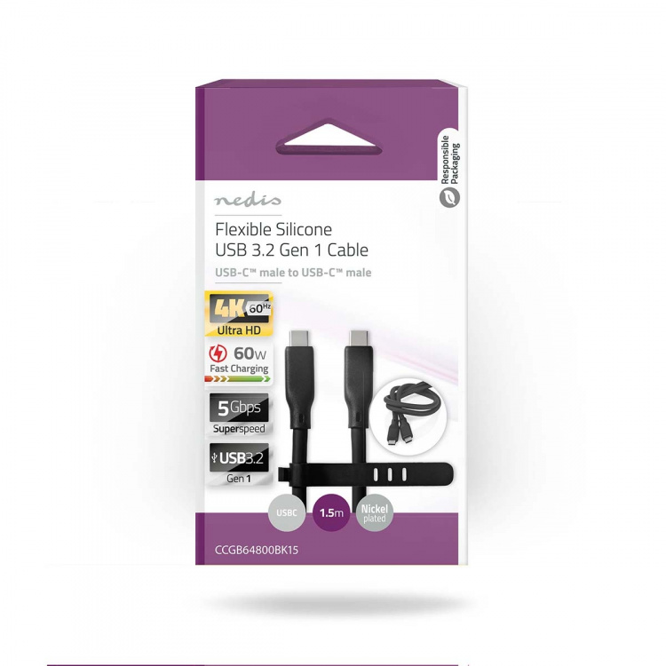 Nedis USB-kabel | USB 3.2 Gen 1 | USB-C™ Hann | USB-C™ Hann | 60 W | 4K@30Hz | 5 Gbps | Nikkel belagt | 1.50 m | Rund | Silikon | Sort | Boks