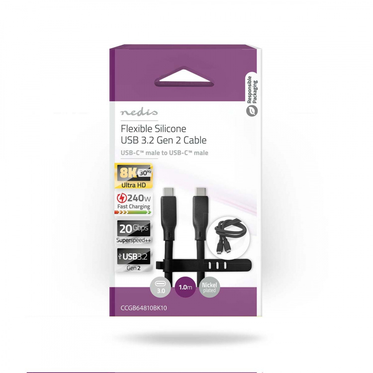 Nedis USB-kabel | USB 3.2 Gen 2 | USB-C™ Hann | USB-C™ Hann | 240 W | 8K@30Hz | 20 Gbps | Nikkel belagt | 1.00 m | Rund | Silikon | Sort | Boks
