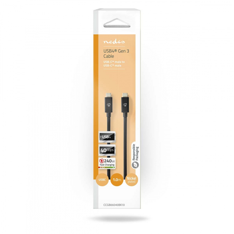 Nedis USB-kabel | USB 4.0 Gen 3x2 | USB-C™ Hann | USB-C™ Hann | 240 W | 8K@60Hz | 40 Gbps | Nikkel belagt | 1.00 m | Rund | PVC | Sort | Boks