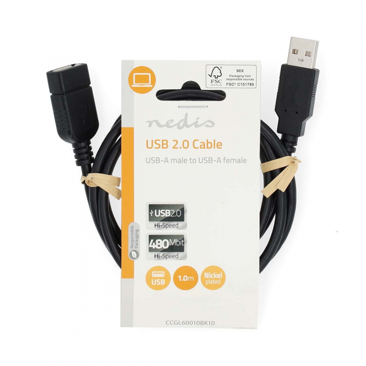 Nedis USB-kabel | USB 2.0 | USB-A Han | USB-A Hun | 480 Mbps | Nikkel belagt | 1.00 m | Rund | PVC | Sort | Label Nedis USB-kabel | USB 2.0 | USB-A Han | USB-A Hun | 480 Mbps | Nikkel belagt | 1.00 m | Rund | PVC | Sort | Label