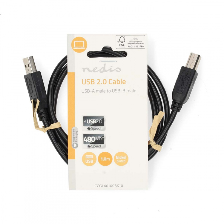 Nedis USB-kabel | USB 2.0 | USB-A Han | USB-B Han | 10 W | 480 Mbps | Nikkel belagt | 1.00 m | Rund | PVC | Sort | Label