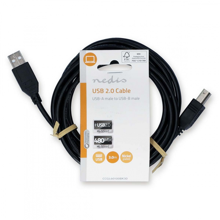 Nedis USB-kabel | USB 2.0 | USB-A Han | USB-B Han | 10 W | 480 Mbps | Nikkel belagt | 3.00 m | Rund | PVC | Sort | Label Nedis USB-kabel | USB 2.0 | USB-A Han | USB-B Han | 10 W | 480 Mbps | Nikkel belagt | 3.00 m | Rund | PVC | Sort | Label