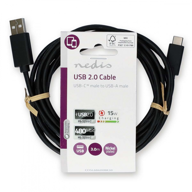 Nedis USB-kabel | USB 2.0 | USB-A Han | USB-C™ Hann | 15 W | 480 Mbps | Nikkel belagt | 3.00 m | Rund | PVC | Sort | Label