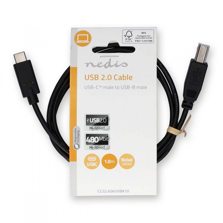 Nedis USB-kabel | USB 2.0 | USB-C™ Hann | USB-B Han | 480 Mbps | Nikkel belagt | 1.00 m | Rund | PVC | Sort | Label Nedis USB-kabel | USB 2.0 | USB-C™ Hann | USB-B Han | 480 Mbps | Nikkel belagt | 1.00 m | Rund | PVC | Sort | Label