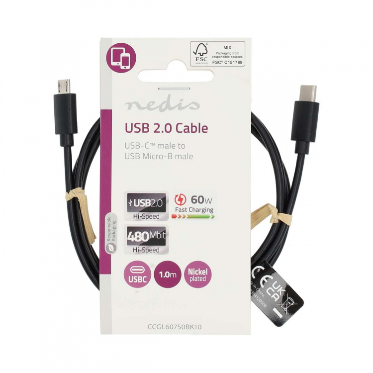 Nedis USB-kabel | USB 2.0 | USB-C™ Hann | USB Micro-B Han | 60 W | 480 Mbps | Nikkel belagt | 1.00 m | Rund | PVC | Sort | Label Nedis USB-kabel | USB 2.0 | USB-C™ Hann | USB Micro-B Han | 60 W | 480 Mbps | Nikkel belagt | 1.00 m | Rund | PVC | Sort | Label