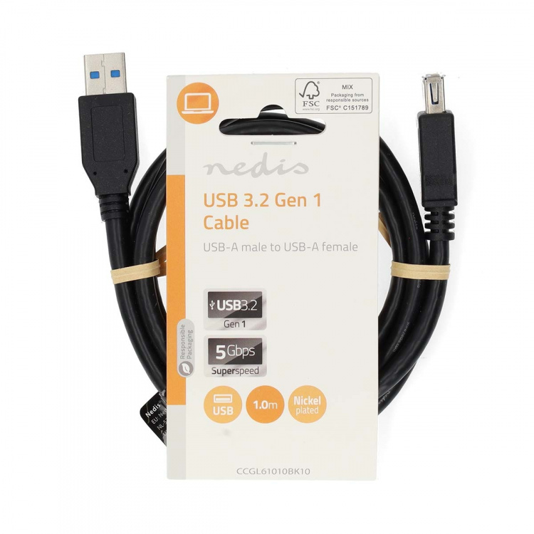 Nedis USB-kabel | USB 3.2 Gen 1 | USB-A Han | USB-A Hun | 5 Gbps | Nikkel belagt | 1.00 m | Rund | PVC | Sort | Label
