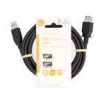 Nedis USB-kabel | USB 3.2 Gen 1 | USB-A Han | USB-A Hun | 5 Gbps | Nikkel belagt | 2.00 m | Rund | PVC | Sort | Label