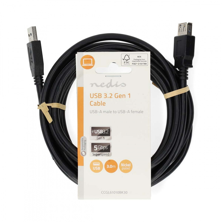 Nedis USB-kabel | USB 3.2 Gen 1 | USB-A Han | USB-A Hun | 5 Gbps | Nikkel belagt | 3.00 m | Rund | PVC | Sort | Label