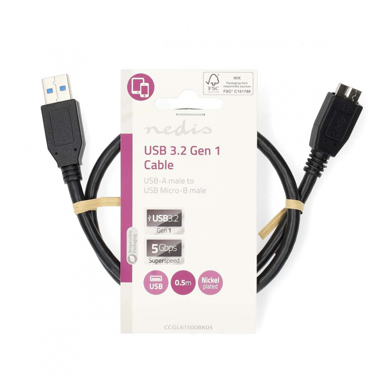 Nedis USB-kabel | USB 3.2 Gen 1 | USB-A Han | USB Micro-B Han | 5 Gbps | Nikkel belagt | 0.50 m | Rund | PVC | Sort | Label