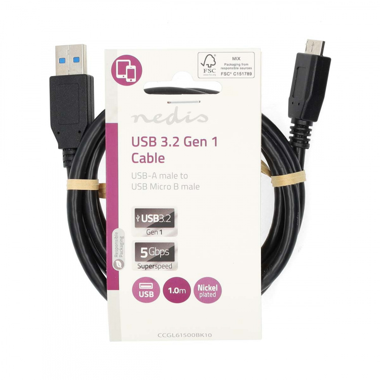 Nedis USB-kabel | USB 3.2 Gen 1 | USB-A Han | USB Micro-B Han | 5 Gbps | Nikkel belagt | 1.00 m | Rund | PVC | Sort | Label Nedis USB-kabel | USB 3.2 Gen 1 | USB-A Han | USB Micro-B Han | 5 Gbps | Nikkel belagt | 1.00 m | Rund | PVC | Sort | Label