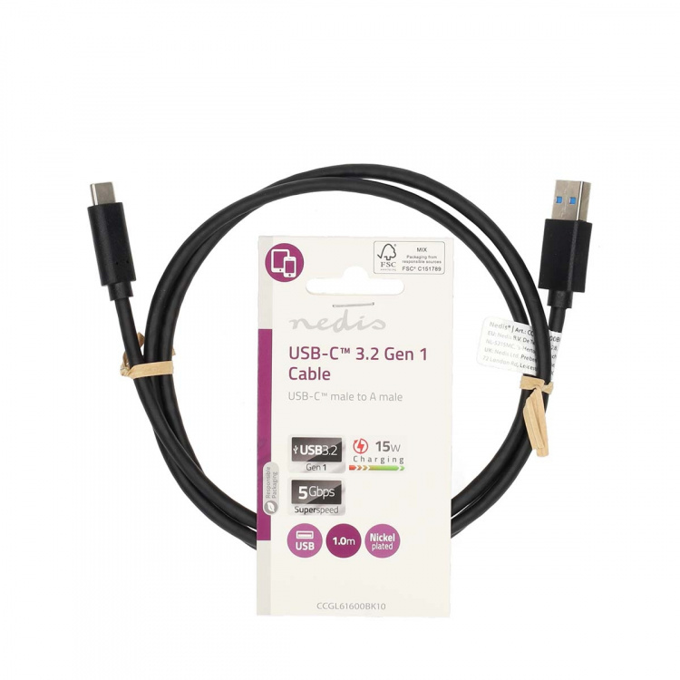 Nedis USB-kabel | USB 3.2 Gen 1 | USB-A Han | USB-C™ Hann | 15 W | 5 Gbps | Nikkel belagt | 1.00 m | Rund | PVC | Sort | Label Nedis USB-kabel | USB 3.2 Gen 1 | USB-A Han | USB-C™ Hann | 15 W | 5 Gbps | Nikkel belagt | 1.00 m | Rund | PVC | Sort | Label