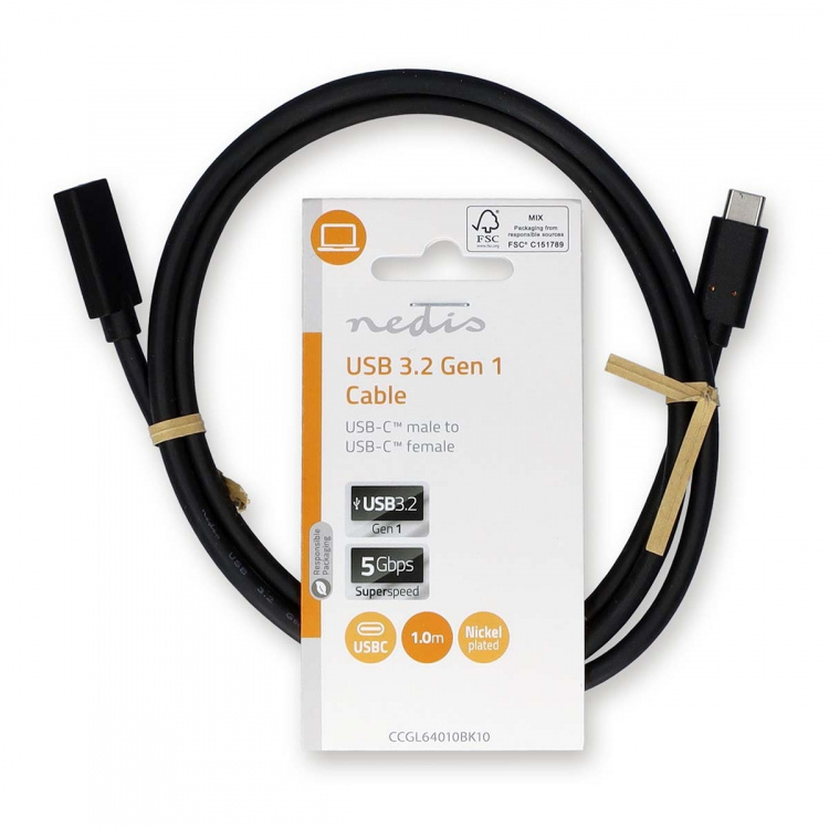 Nedis USB-kabel | USB 3.2 Gen 1 | USB-C™ Hann | USB-C™ Hunn | 60 W | 4K@60Hz | 5 Gbps | Nikkel belagt | 1.00 m | Rund | PVC | Sort | Label