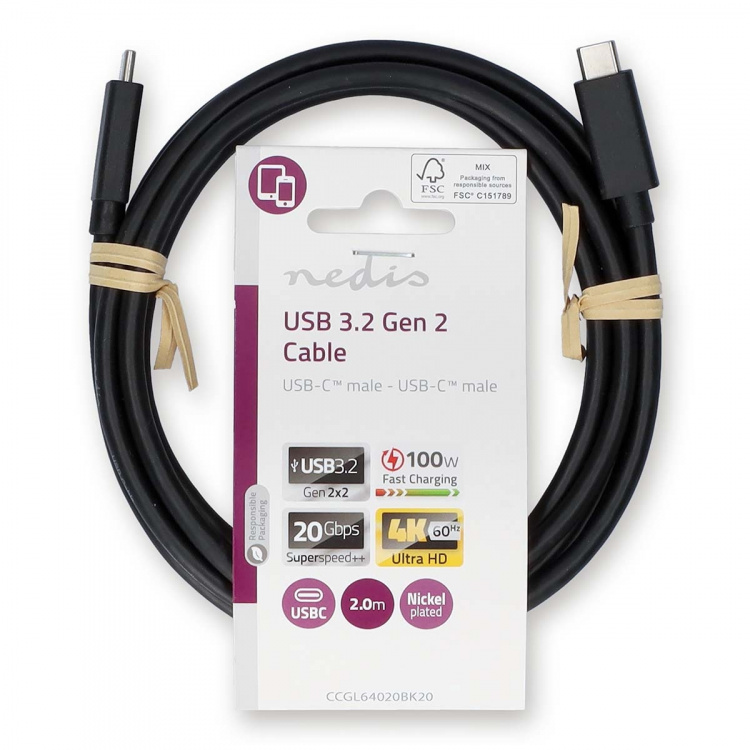 Nedis USB-kabel | USB 3.2 Gen 2 | USB-C™ Hann | USB-C™ Hann | 100 W | 4K@60Hz | 20 Gbps | Nikkel belagt | 2.00 m | Rund | PVC | Sort | Label