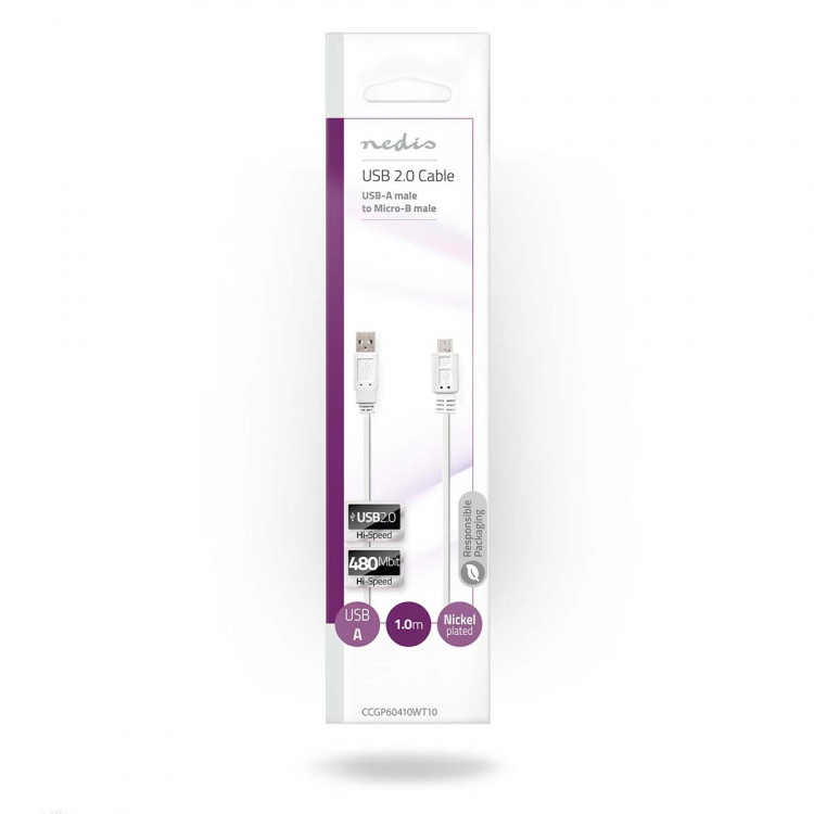 Nedis USB-kabel | USB 2.0 | USB-A Han | USB Micro-B Han | 480 Mbps | Nikkel belagt | 1.00 m | Flatt | PVC | Hvit | Konvolutt