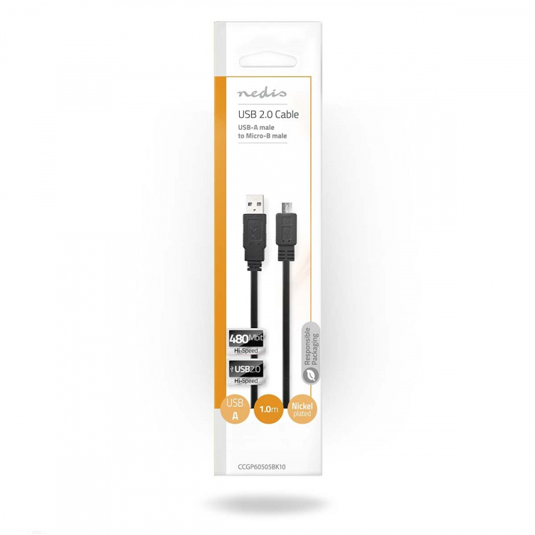 Nedis USB-kabel | USB 2.0 | USB-A Han | USB Micro-B Han | 480 Mbps | Nikkel belagt | 1.00 m | Flatt | PVC | Sort | Konvolutt