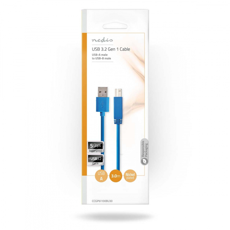 Nedis USB-kabel | USB 3.2 Gen 1 | USB-A Han | USB-B Han | 5 Gbps | Nikkel belagt | 3.00 m | Rund | PVC | Blå | Konvolutt