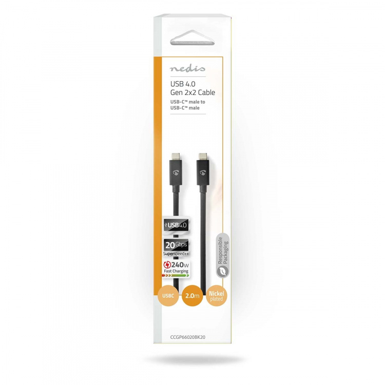 Nedis USB-kabel | USB 4.0 Gen 2x2 | USB-C™ Hann | USB-C™ Hann | 240 W | 8K@60Hz | 20 Gbps | Nikkel belagt | 2.00 m | Rund | PVC | Sort | Konvolutt Nedis USB-kabel | USB 4.0 Gen 2x2 | USB-C™ Hann | USB-C™ Hann | 240 W | 8K@60Hz | 20 Gbps | Nikkel belagt | 2.00 m | Rund | PVC | Sort | Konvolutt