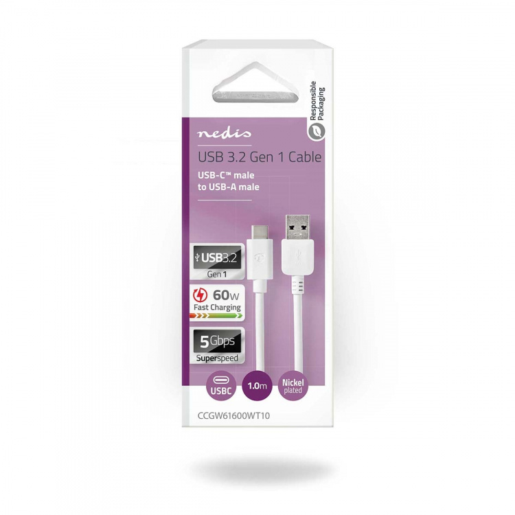 Nedis USB-kabel | USB 3.2 Gen 1 | USB-A Han | USB-C™ Hann | 60 W | 5 Gbps | Nikkel belagt | 1.00 m | Rund | PVC | Hvit | Boks