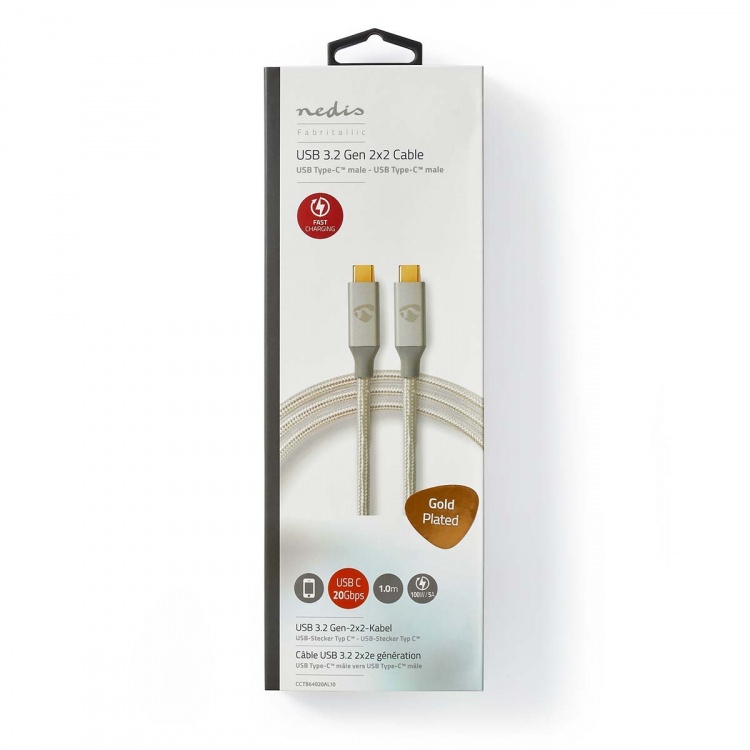 Nedis USB-kabel | USB 3.2 Gen 2x2 | USB-C™ Hann | USB-C™ Hann | 100 W | 4K@60Hz | 20 Gbps | Gull belagt | 1.00 m | Rund | Flettet / Nylon | Sølv | Deksel Vindusboks Nedis USB-kabel | USB 3.2 Gen 2x2 | USB-C™ Hann | USB-C™ Hann | 100 W | 4K@60Hz | 20 Gbps | Gull belagt | 1.00 m | Rund | Flettet / Nylon | Sølv | Deksel Vindusboks
