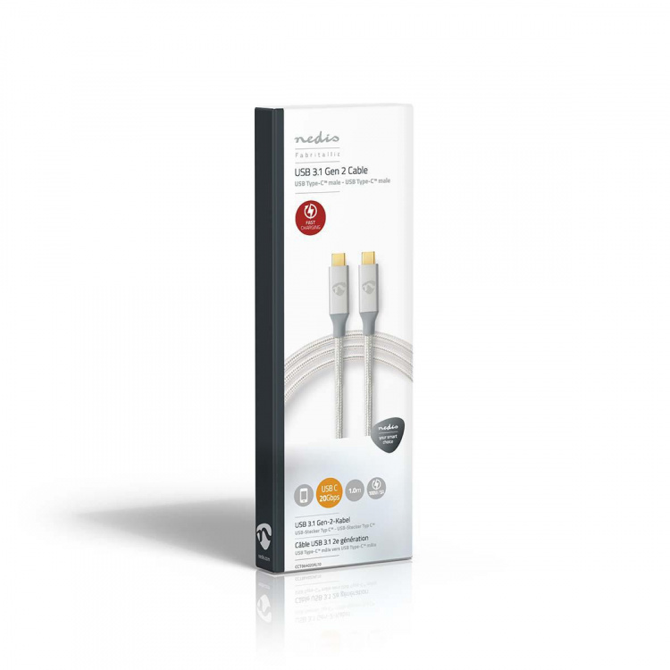 Nedis USB-kabel | USB 3.2 Gen 2x2 | USB-C™ Hann | USB-C™ Hann | 100 W | 4K@60Hz | 20 Gbps | Gull belagt | 1.00 m | Rund | Flettet / Nylon | Sølv | Deksel Vindusboks Nedis USB-kabel | USB 3.2 Gen 2x2 | USB-C™ Hann | USB-C™ Hann | 100 W | 4K@60Hz | 20 Gbps | Gull belagt | 1.00 m | Rund | Flettet / Nylon | Sølv | Deksel Vindusboks