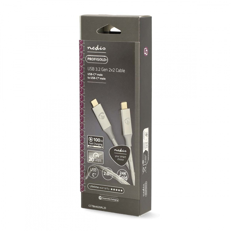 Nedis USB-kabel | USB 3.2 Gen 2x2 | USB-C™ Hann | USB-C™ Hann | 100 W | 4K@60Hz | 20 Gbps | Gull belagt | 2.00 m | Rund | Flettet / Nylon | Sølv | Deksel Vindusboks Nedis USB-kabel | USB 3.2 Gen 2x2 | USB-C™ Hann | USB-C™ Hann | 100 W | 4K@60Hz | 20 Gbps | Gull belagt | 2.00 m | Rund | Flettet / Nylon | Sølv | Deksel Vindusboks