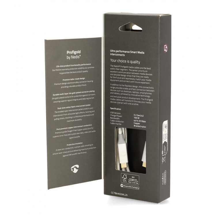 Nedis USB-kabel | USB 3.2 Gen 2x2 | USB-C™ Hann | USB-C™ Hann | 100 W | 4K@60Hz | 20 Gbps | Gull belagt | 2.00 m | Rund | Flettet / Nylon | Sølv | Deksel Vindusboks Nedis USB-kabel | USB 3.2 Gen 2x2 | USB-C™ Hann | USB-C™ Hann | 100 W | 4K@60Hz | 20 Gbps | Gull belagt | 2.00 m | Rund | Flettet / Nylon | Sølv | Deksel Vindusboks