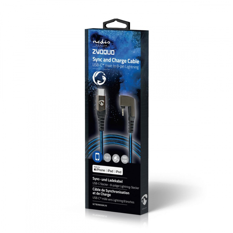 Nedis USB-kabel | USB 2.0 | Apple Lightning 8-Pinners | USB-C™ Hann | 60 W | 480 Mbps | Nikkel belagt | 1.00 m | Rund | Flettet / Nylon | Blå / Sort | Deksel Vindusboks