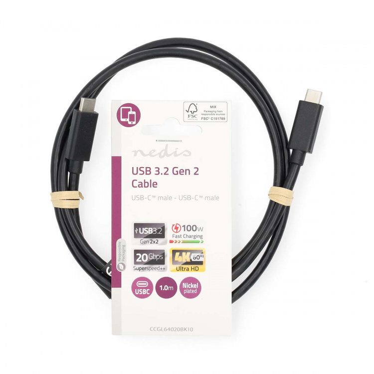 Nedis USB-kabel | USB 3.2 Gen 2 | USB-C™ Hann | USB-C™ Hann | 100 W | 4K@60Hz | 20 Gbps | Nikkel belagt | 1.00 m | Rund | PVC | Sort | Label Nedis USB-kabel | USB 3.2 Gen 2 | USB-C™ Hann | USB-C™ Hann | 100 W | 4K@60Hz | 20 Gbps | Nikkel belagt | 1.00 m | Rund | PVC | Sort | Label