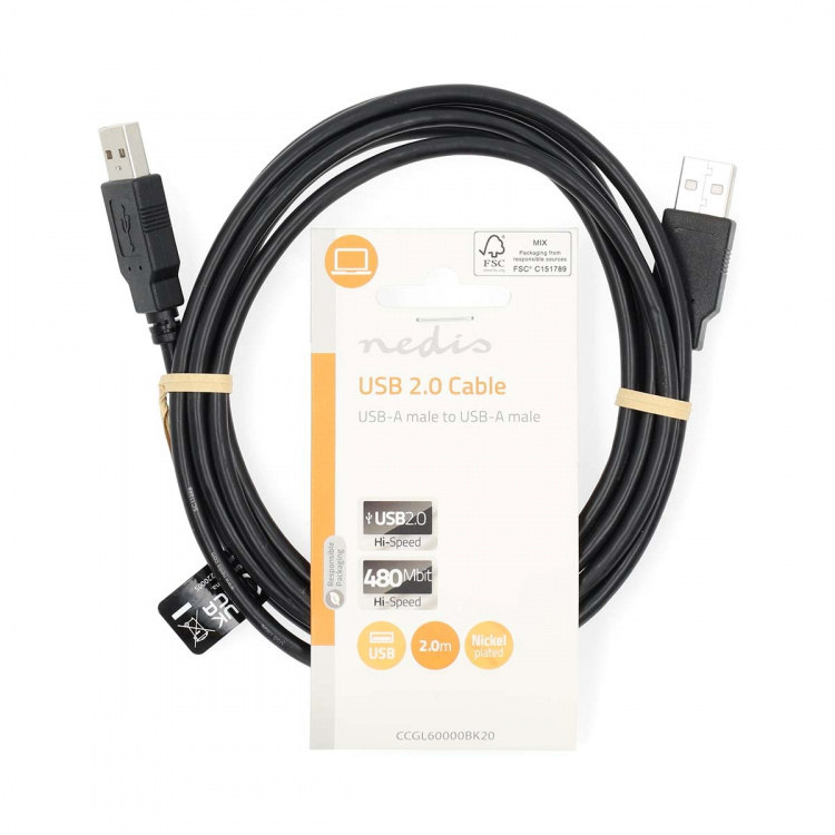 Nedis USB-kabel | USB 2.0 | USB-A Han | USB-A Han | 480 Mbps | Nikkel belagt | 2.00 m | Rund | PVC | Sort | Label