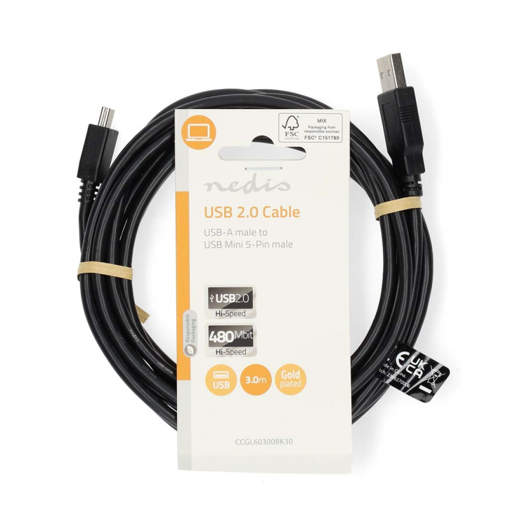Nedis USB-kabel | USB 2.0 | USB-A Han | USB Mini-B 5 pins Han | 480 Mbps | Nikkel belagt | 3.00 m | Rund | PVC | Sort | Label
