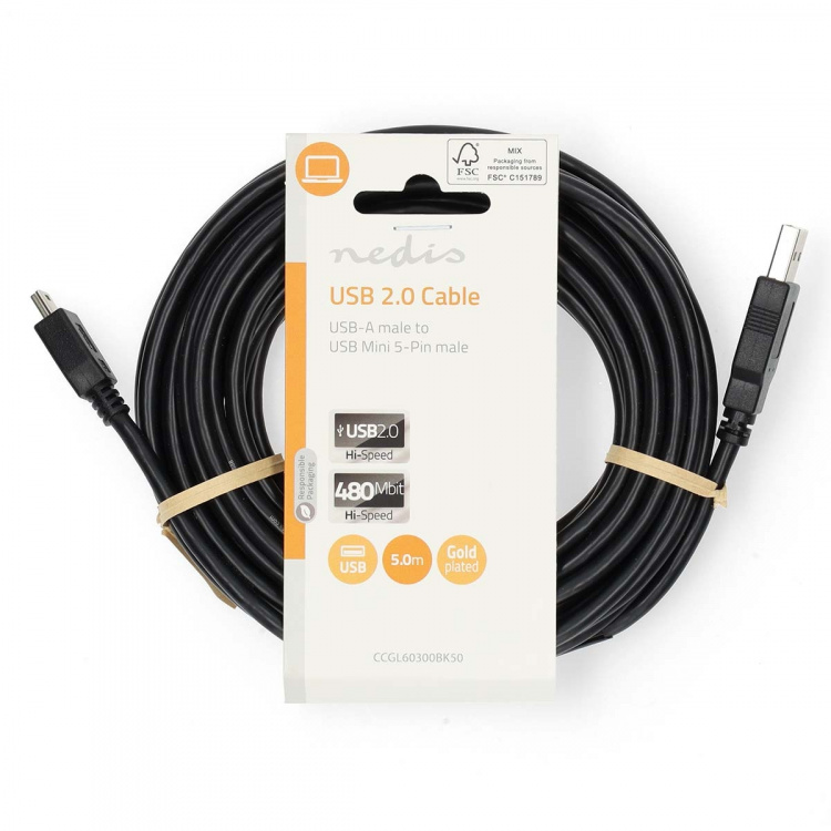 Nedis USB-kabel | USB 2.0 | USB-A Han | USB Mini-B 5 pins Han | 480 Mbps | Nikkel belagt | 5.00 m | Rund | PVC | Sort | Label