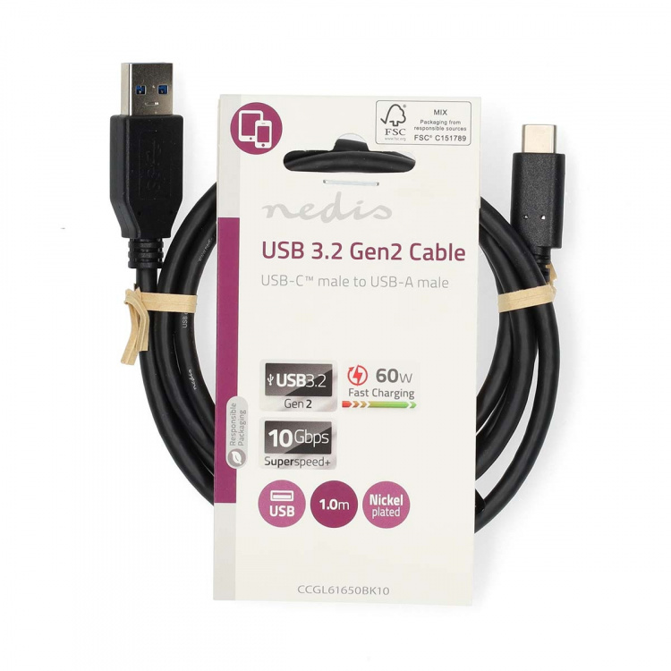 Nedis USB-kabel | USB 3.2 Gen 2 | USB-A Han | USB-C™ Hann | 60 W | 10 Gbps | Nikkel belagt | 1.00 m | Rund | PVC | Sort | Label Nedis USB-kabel | USB 3.2 Gen 2 | USB-A Han | USB-C™ Hann | 60 W | 10 Gbps | Nikkel belagt | 1.00 m | Rund | PVC | Sort | Label