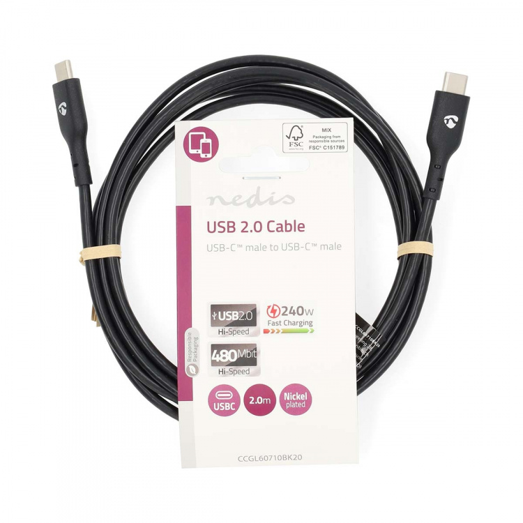 Nedis USB-kabel | USB 2.0 | USB-C™ Hann | USB-C™ Hann | 240 W | 480 Mbps | Nikkel belagt | 2.00 m | Rund | PVC | Sort | Label Nedis USB-kabel | USB 2.0 | USB-C™ Hann | USB-C™ Hann | 240 W | 480 Mbps | Nikkel belagt | 2.00 m | Rund | PVC | Sort | Label