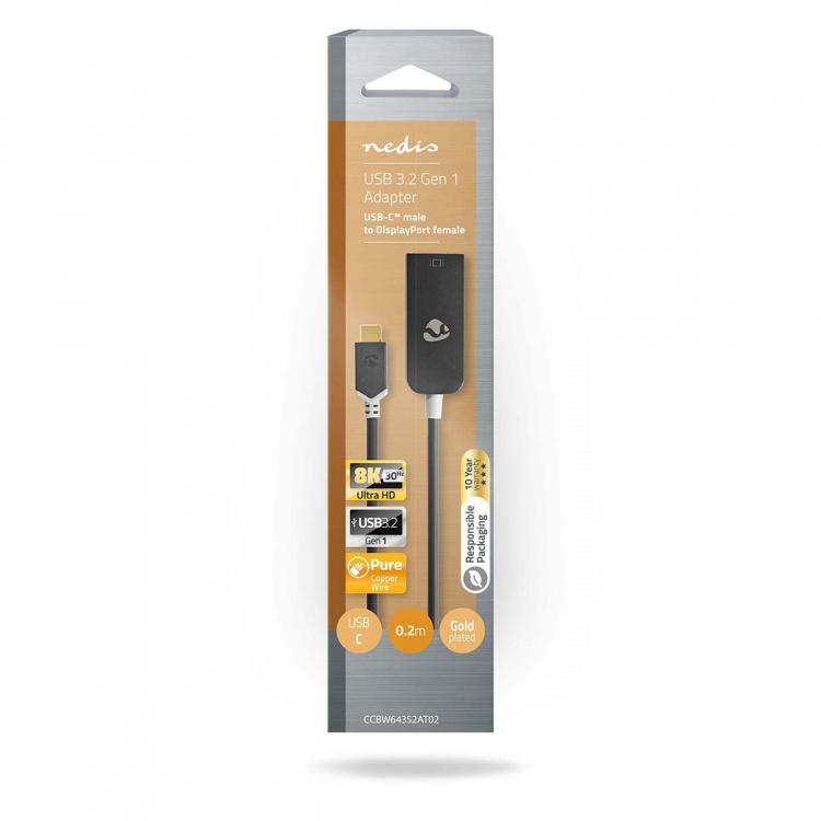 Nedis USB-C™ Adapter | USB 3.2 Gen 1 | USB-C™ Hann | DisplayPort Hun | 8K@30Hz | 0.20 m | Rund | Gull belagt | PVC | Antrasitt | Vindus boks Nedis USB-C™ Adapter | USB 3.2 Gen 1 | USB-C™ Hann | DisplayPort Hun | 8K@30Hz | 0.20 m | Rund | Gull belagt | PVC | Antrasitt | Vindus boks