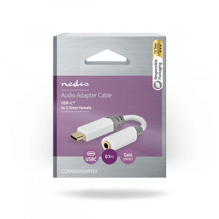 Nedis USB-C™ Adapter | USB 2.0 | USB-C™ Hann | 3.5 mm Hun | 0.10 m | Rund | Gull belagt | PVC | Hvit | Boks