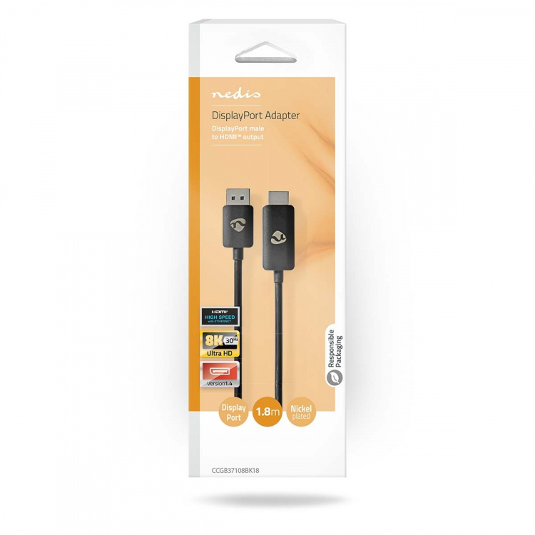 Nedis Displayport-adapter | DisplayPort Han | HDMI ™ -kontakt | 8K@30Hz | Nikkel belagt | Rett | 1.80 m | Rund | TPE | Sort | Boks