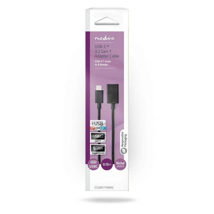 Nedis USB-C™ Adapter | USB 3.2 Gen 1 | USB-C™ Hann | USB-A Hun | 5 Gbps | 0.15 m | Rund | Nikkel belagt | PVC | Sort | Boks