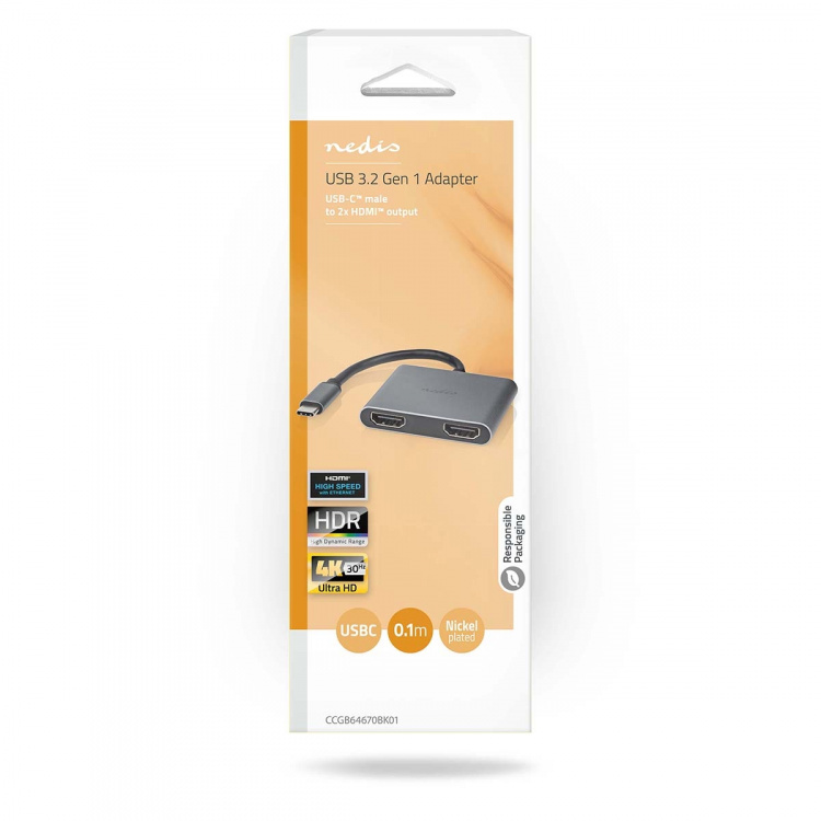 Nedis USB-C™ Adapter | 2-i-1 | USB 3.2 Gen 1 | USB-C™ Hann | 2x HDMI™ | 4K@30Hz | 0.10 m | Rund | Nikkel belagt | PVC | Sort | Boks Nedis USB-C™ Adapter | 2-i-1 | USB 3.2 Gen 1 | USB-C™ Hann | 2x HDMI™ | 4K@30Hz | 0.10 m | Rund | Nikkel belagt | PVC | Sort | Boks