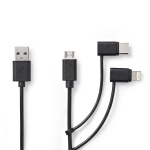 Nedis 3 i en kabel | USB 2.0 | USB-A Han | Apple Lightning 8-Pinners / USB Micro-B Han / USB-C™ Hann | 480 Mbps | 1.00 m | Nikkel belagt | Rund | PVC | Sort | Label