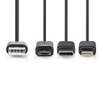 Nedis 3 i en kabel | USB 2.0 | USB-A Han | Apple Lightning 8-Pinners / USB Micro-B Han / USB-C™ Hann | 480 Mbps | 1.00 m | Nikkel belagt | Rund | PVC | Sort | Label